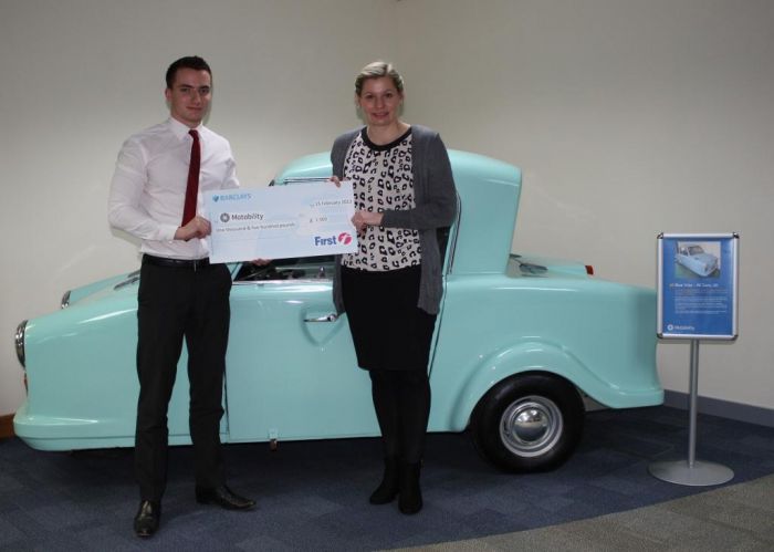 Cheque presentation with Andrew Wheeler from First Group and Lucy Lomas from Motability