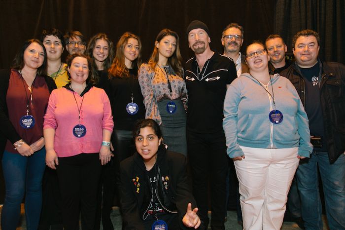 Ticket winners and Young Ambassadors with a learning disability meet U2’s The Edge.