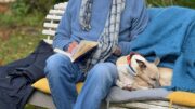 Rupert Fawcett sits on a white wooden bench outdoors. He is dressed in a blue sweater, jeans, a checkered scarf, and New Balance trainers. He is reading a book, with his whippet, Daisy, curled up beside him. The background features green foliage and autumn leaves are scattered on the ground.