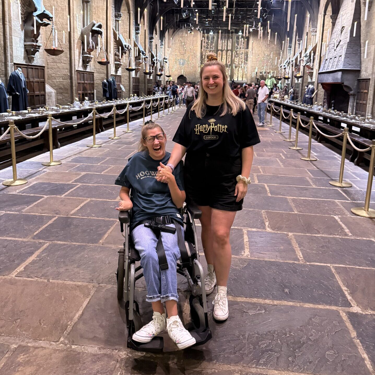 Hannah and Becky are pictured in the great hall. 