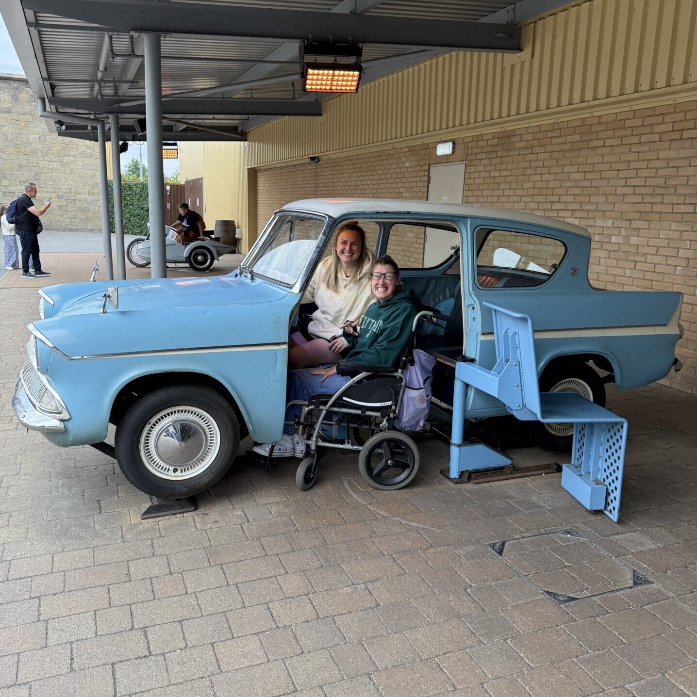 Hannah and Becky in the famous flying car from Harry Potter and the Chamber of Secrets. 