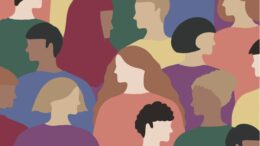 A colourful cartoon graphic depicting a crowd of people.