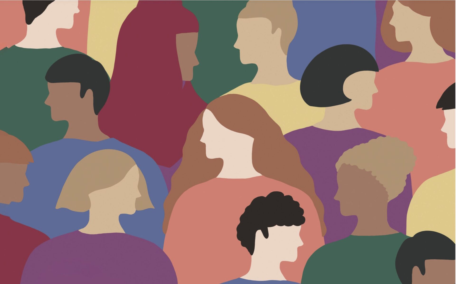 A colourful cartoon graphic depicting a crowd of people.