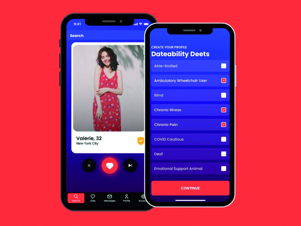 A graphic depicting the app Dateability. Two phone screens next to each other show a dating profile of a woman on the left, and the Dateability deets section on the right.