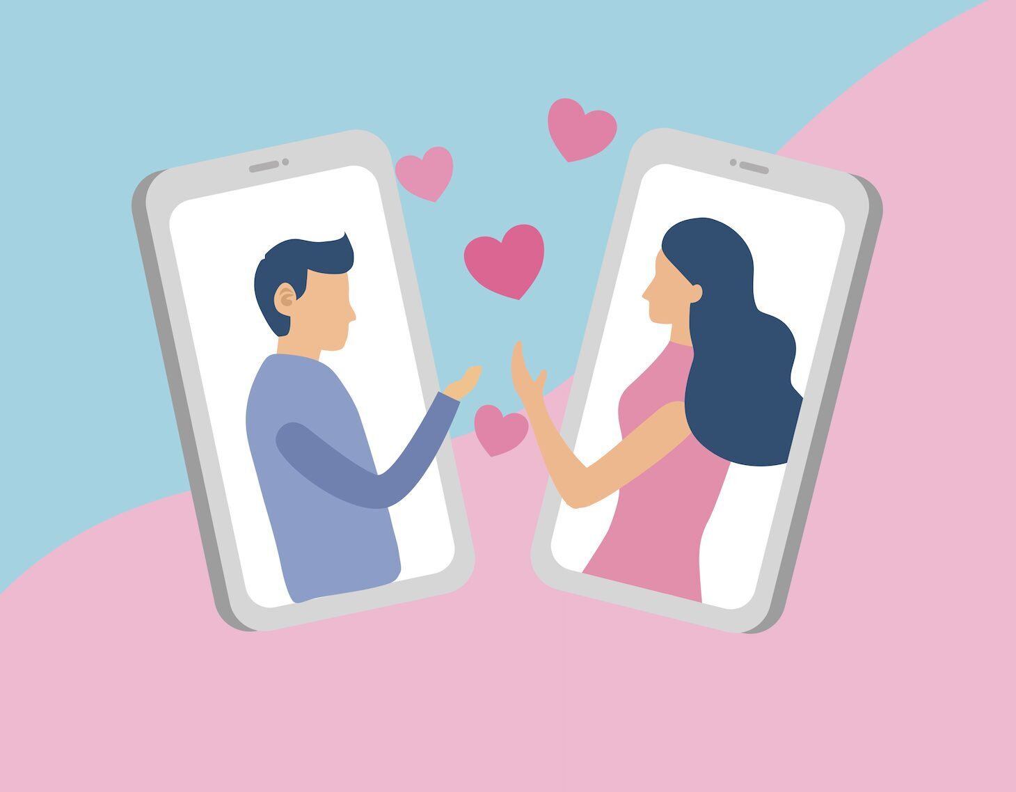 A cartoon graphic depicting a man and a woman reaching out of phone screens toward each other, with love hearts floating between them.