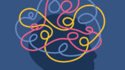 An abstract graphic of a person's head with colourful squiggly lines shown over it, meant to convey feelings of anxiety, ADHD, obsessive thoughts etc.