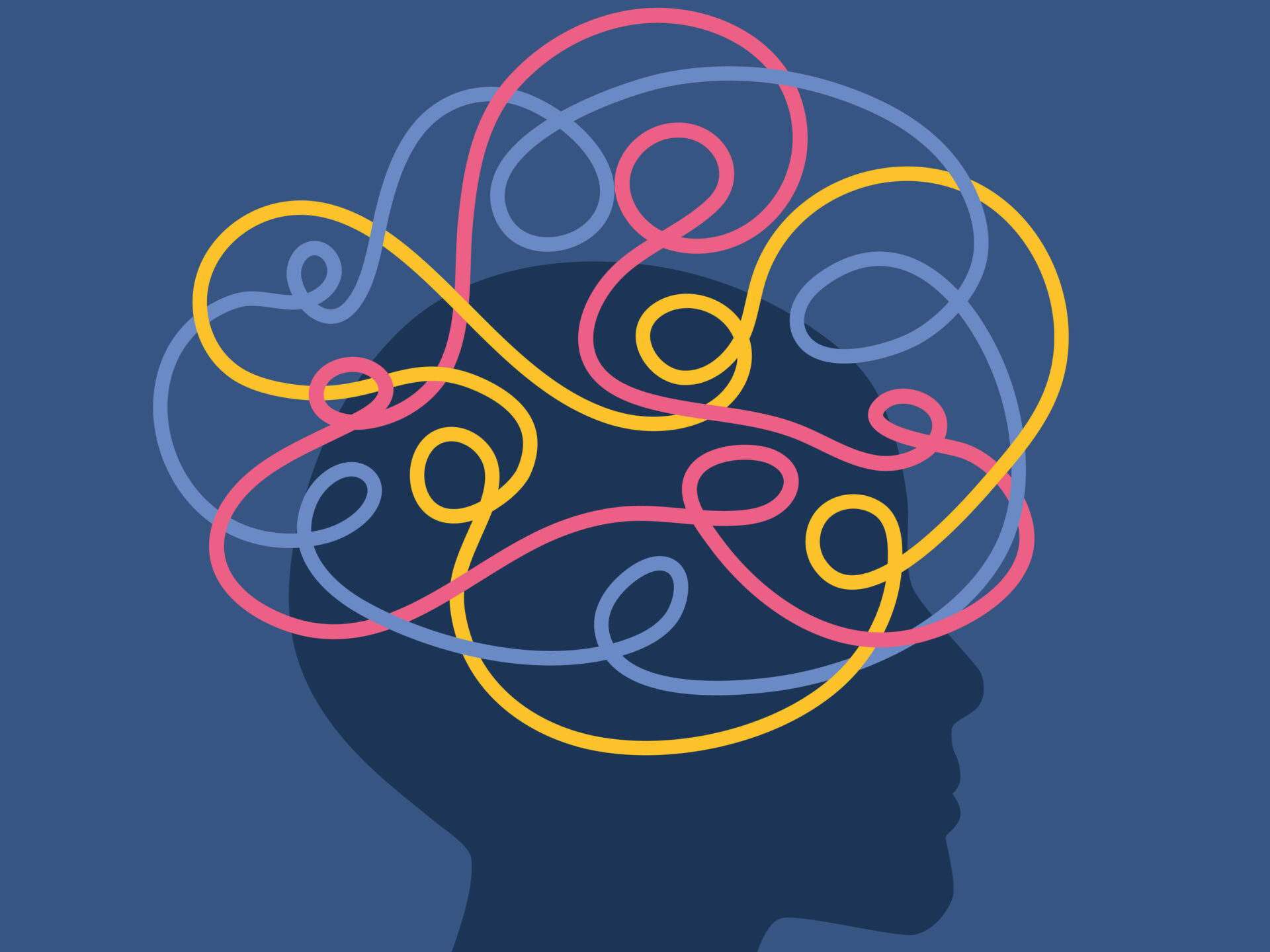 An abstract graphic of a person's head with colourful squiggly lines shown over it, meant to convey feelings of anxiety, ADHD, obsessive thoughts etc.