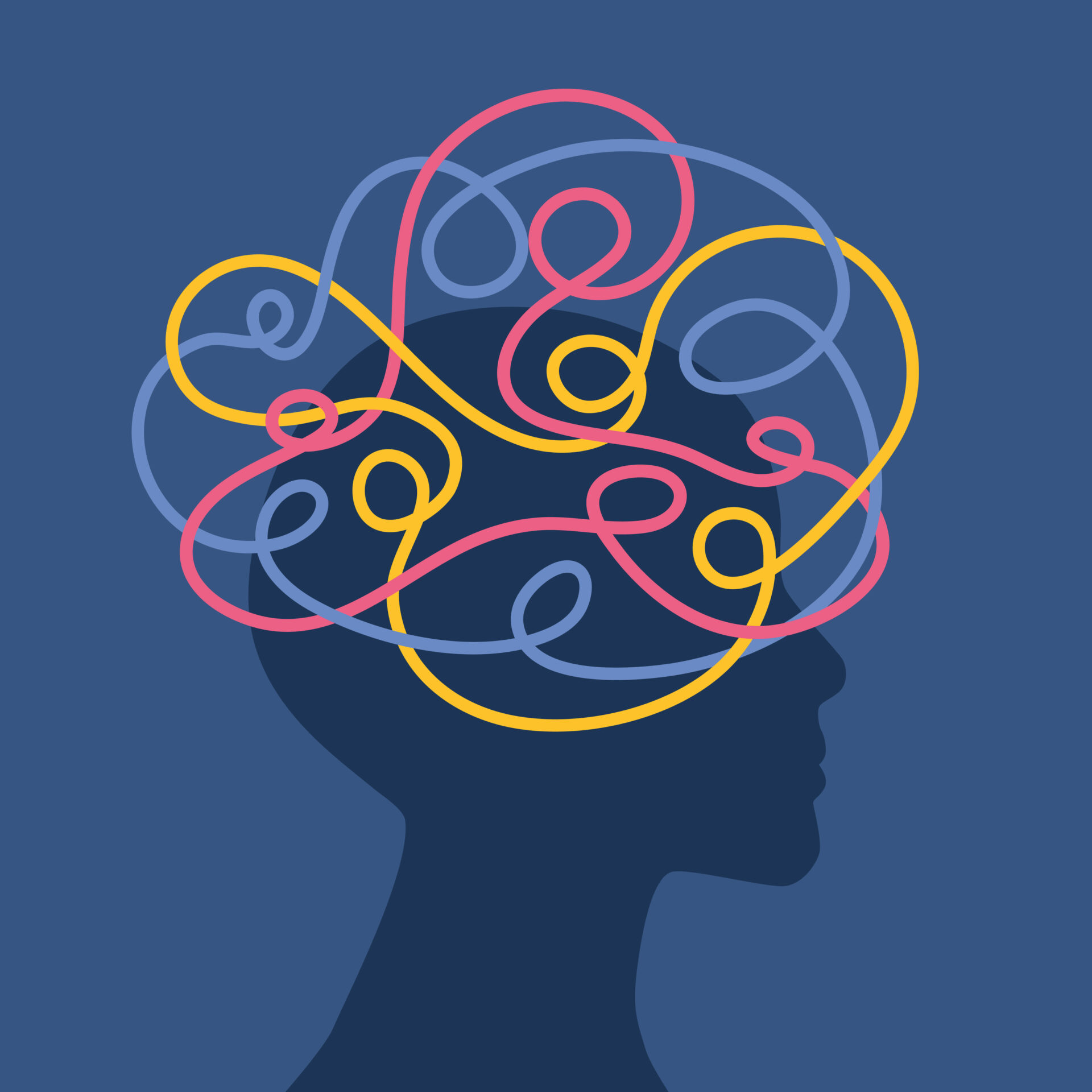 An abstract graphic of a person's head with colourful squiggly lines shown over it, meant to convey feelings of anxiety, ADHD, obsessive thoughts etc.