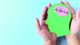 A stock image of hands holding a green human head profile cutout with a healthy brain, set against a blue background.