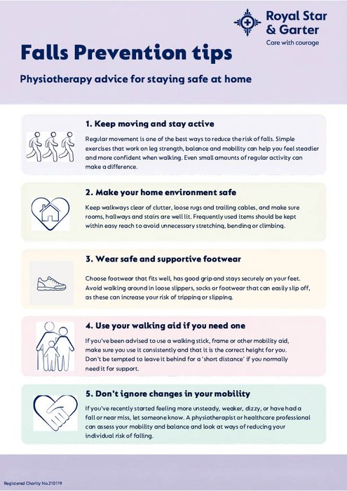 Falls Prevention Tips: The advice card put together by Royal Star & Garter physiotherapists as part of Falls Prevention Awareness Week