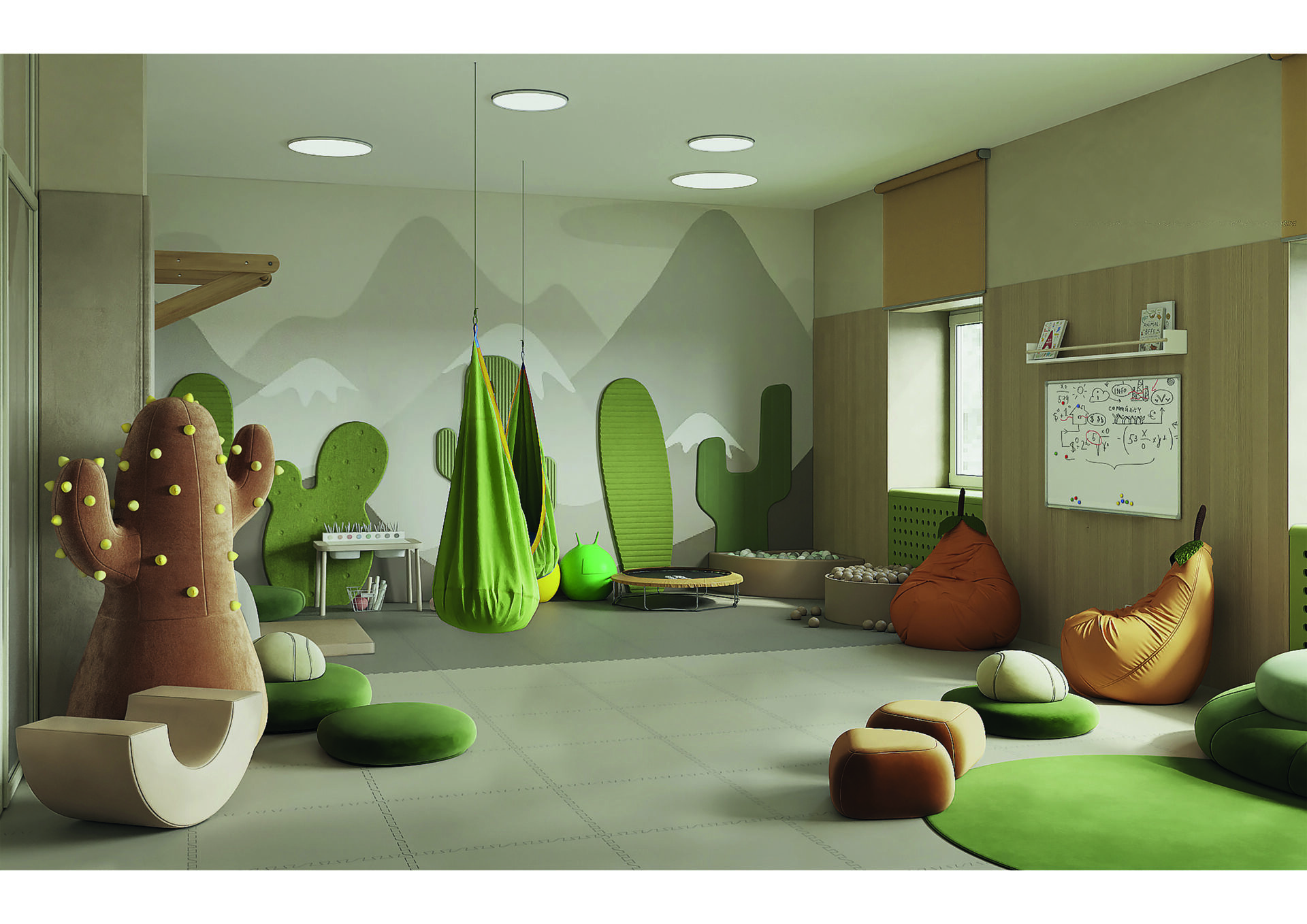 An image of an inclusive classroom, with a muted green and grey colour palette and soft, quirky furnishings instead of traditional classroom tables and chairs.