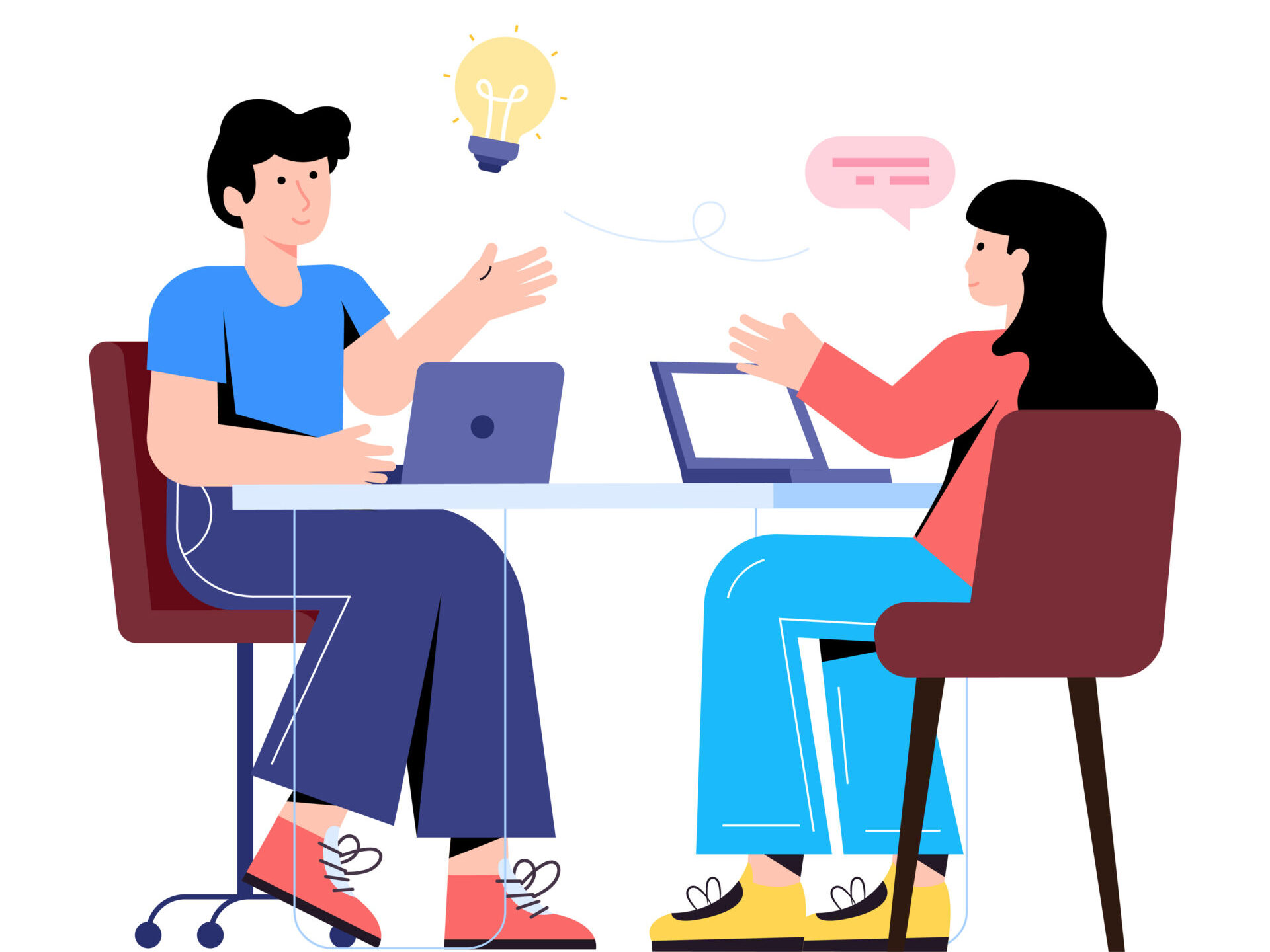 A cartoon graphic of a man and a woman discussing ideas while they work on laptops at a table. There is a lightbulb and a speech bubble element above their heads, representing ideas of discussion and understanding.