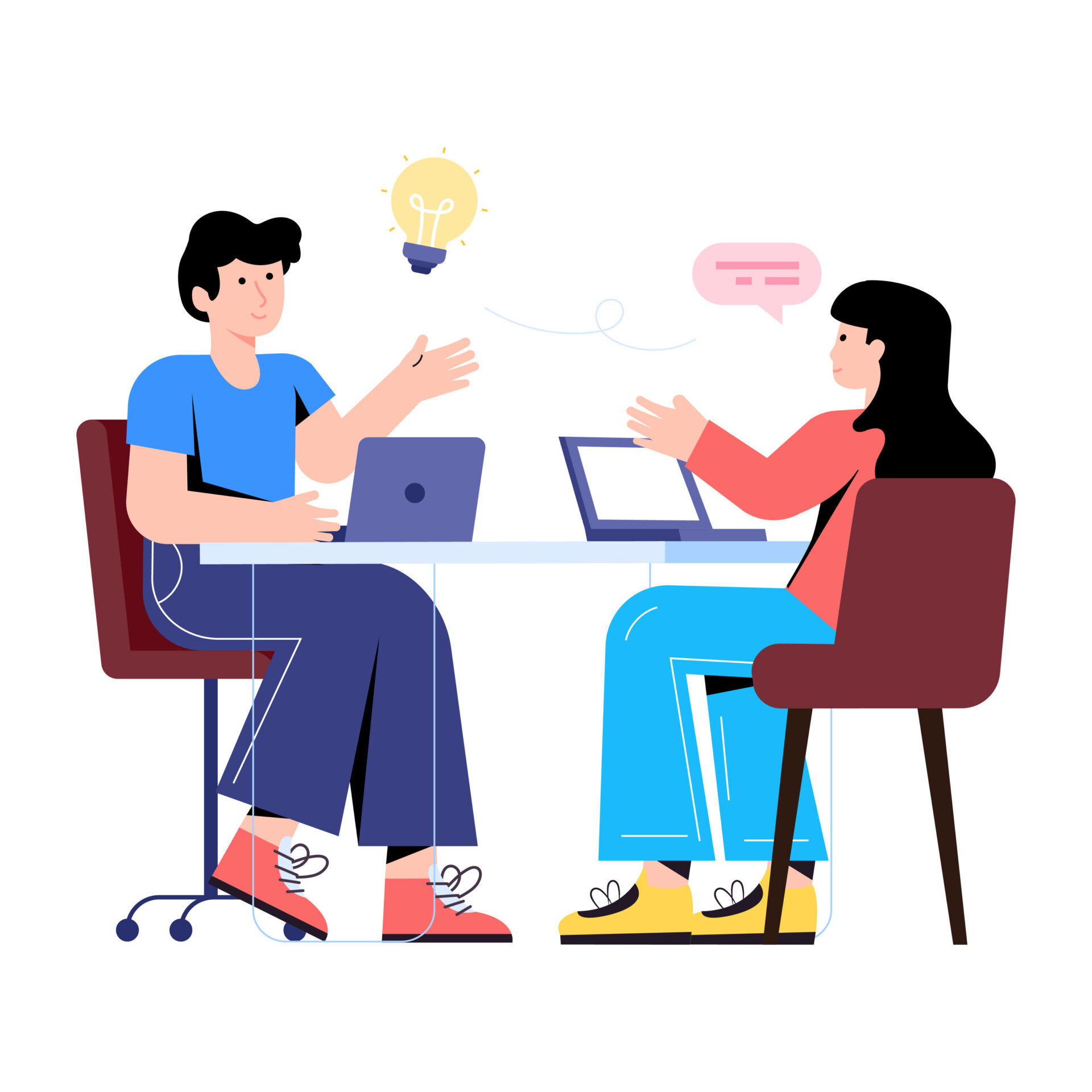 A cartoon graphic of a man and a woman discussing ideas while they work on laptops at a table. There is a lightbulb and a speech bubble element above their heads, representing ideas of discussion and understanding.