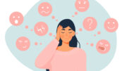 A cartoon graphic of a woman holding her head, with several abstract face elements and symbols floating around her, representing changing emotions / stress.