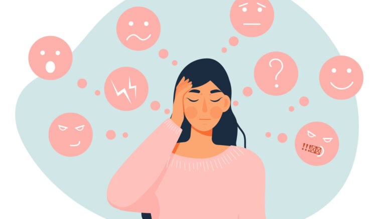 A cartoon graphic of a woman holding her head, with several abstract face elements and symbols floating around her, representing changing emotions / stress.