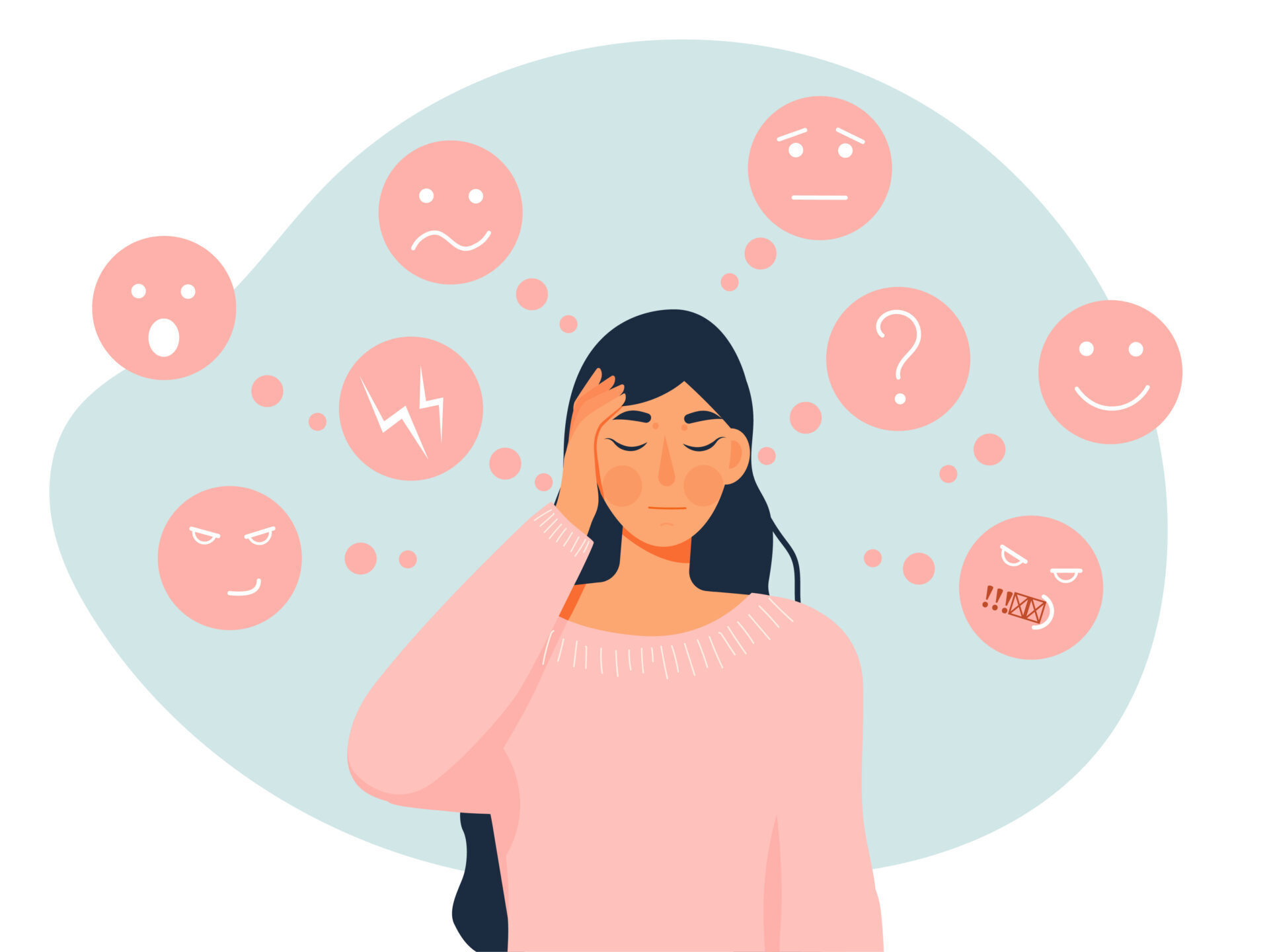 A cartoon graphic of a woman holding her head, with several abstract face elements and symbols floating around her, representing changing emotions / stress.