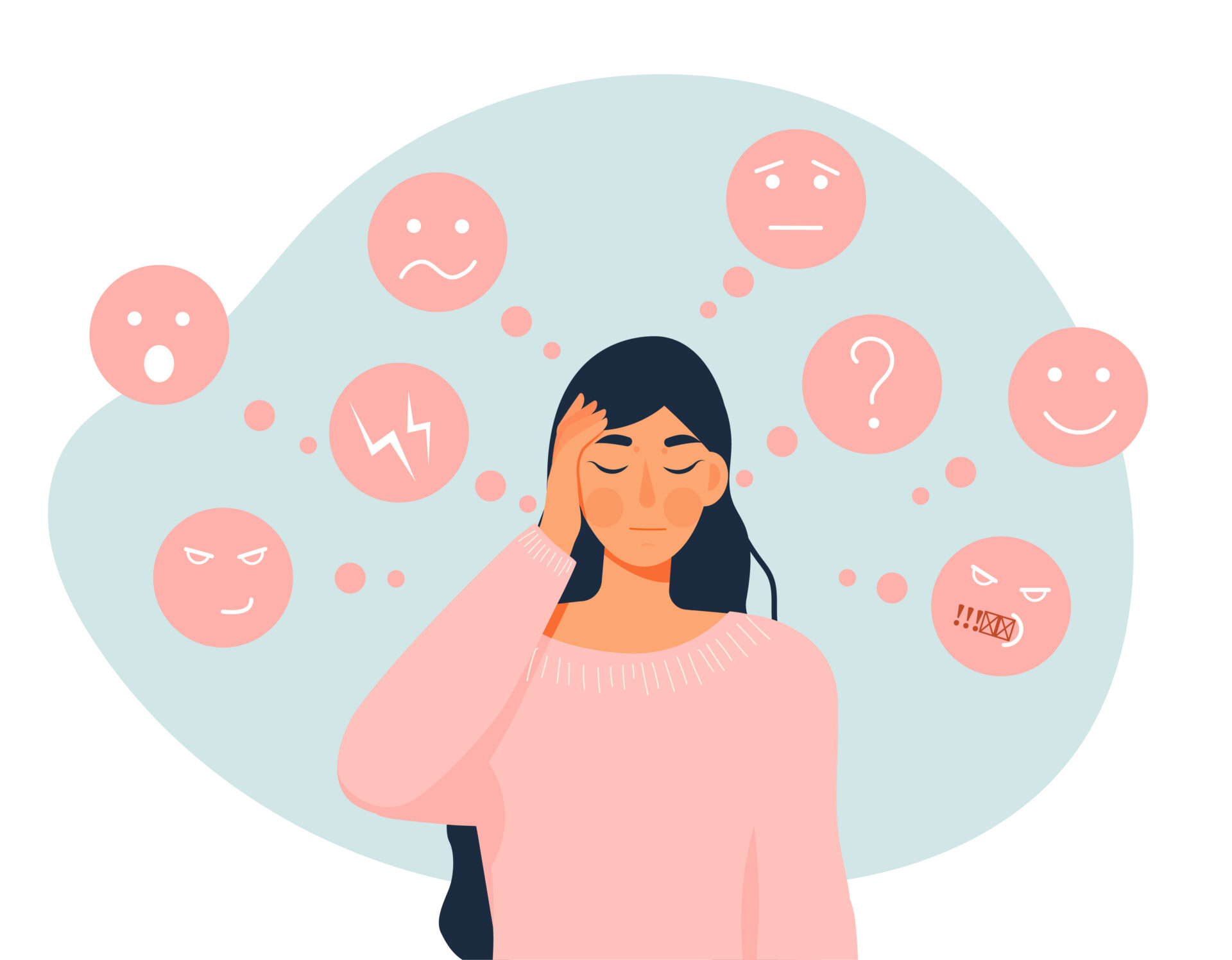 A cartoon graphic of a woman holding her head, with several abstract face elements and symbols floating around her, representing changing emotions / stress.