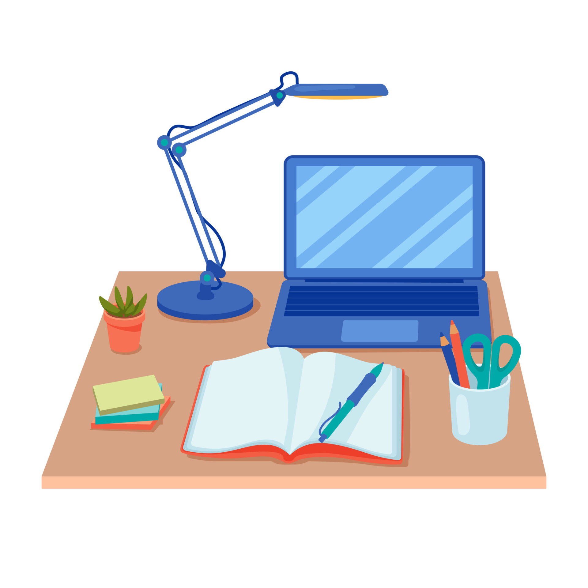 A cartoon graphic of a student's workplace, with a laptop, desk lamp, notebook and sticky notes as well as other stationary.
